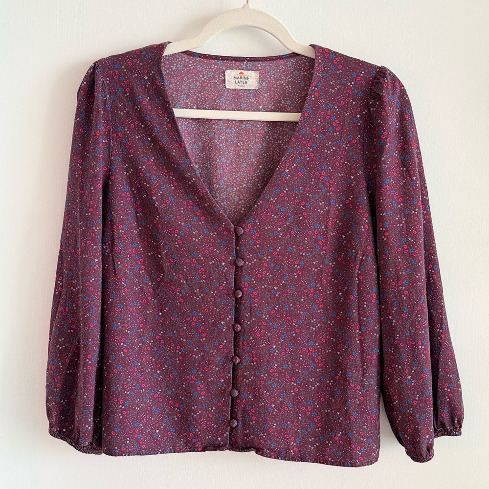 Marine Layer Stacy Button Down Cabernet Floral Blouse